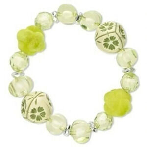 Chunky Green Cream Fuzzy & Flower Beads Nugget Stretch Bracelet